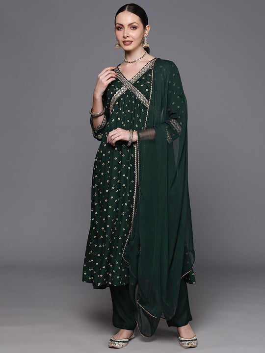 Indo Era Green Bandhani Printed Angrakha Zardozi Kurta with Trousers & With Dupatta