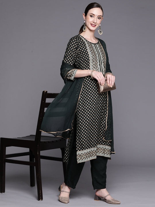 Indo Era Green Printed Straight Kurta Trousers With Dupatta Set
