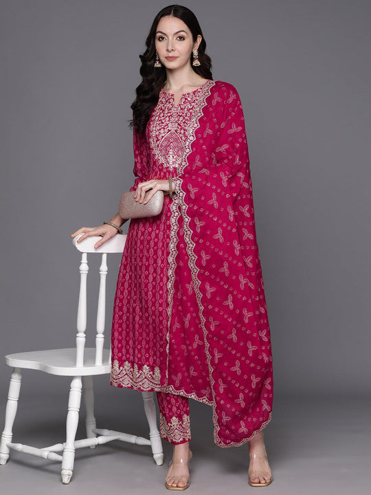 Indo Era Pink Ethnic Motifs Printed Regular Sequinned Kurta with Trousers & Dupatta