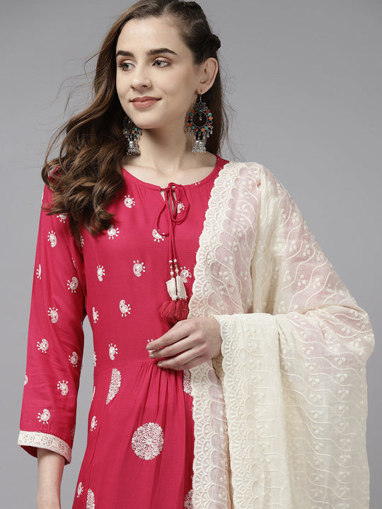 Indo Era Pink Embroidered Straight Kurta Trouser With Dupatta Set