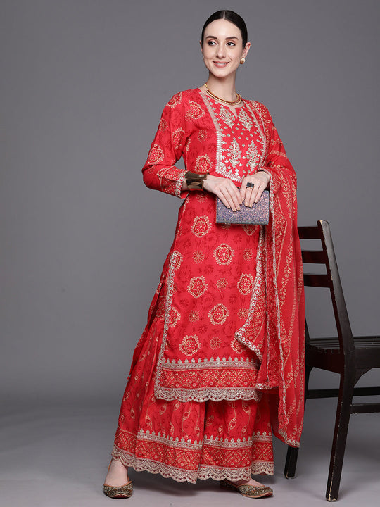 Indo Era Red Printed Straight Kurta Sharara With Dupatta Set