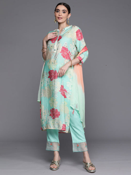 Indo Era Sea Green Embroidered Ethnic Straight Kurta Trousers With Dupatta Set
