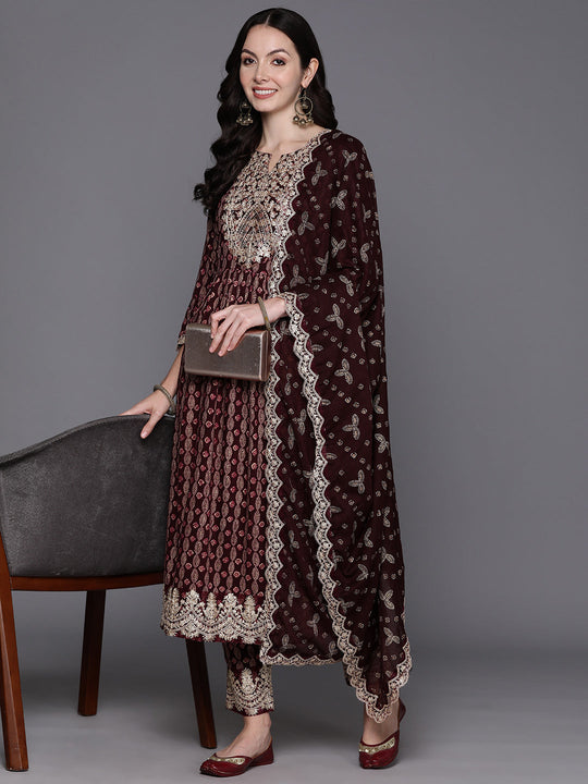 Indo Era Burgundy Ethnic Motifs Printed Regular Sequinned Kurta with Trousers & Dupatta