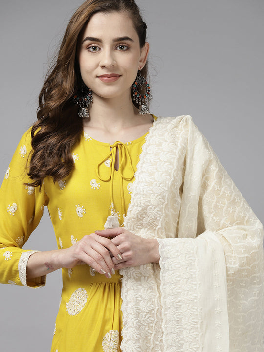 Indo Era Yellow Embroidered Straight Kurta Trouser With Dupatta Set