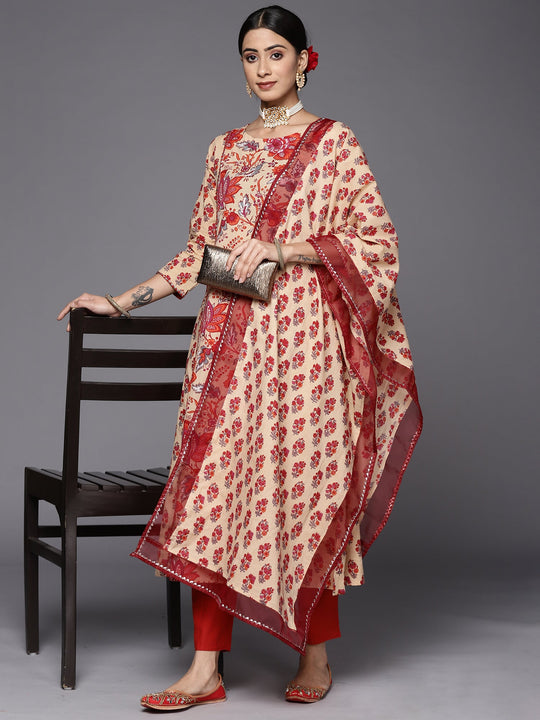 Indo Era Beige Printed Straight Kurta Trouser With Dupatta Set