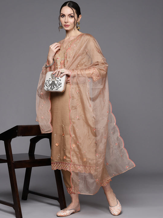 Indo Era Beige Floral Embroidered Regular Mirror Work Kurta with Trousers & With Dupatta