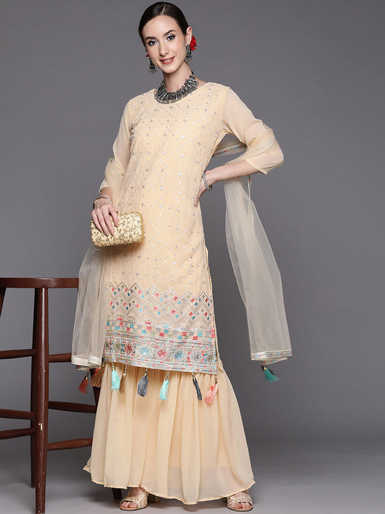 Indo Era Beige Embroidered Straight Kurta Sharara With Dupatta Set