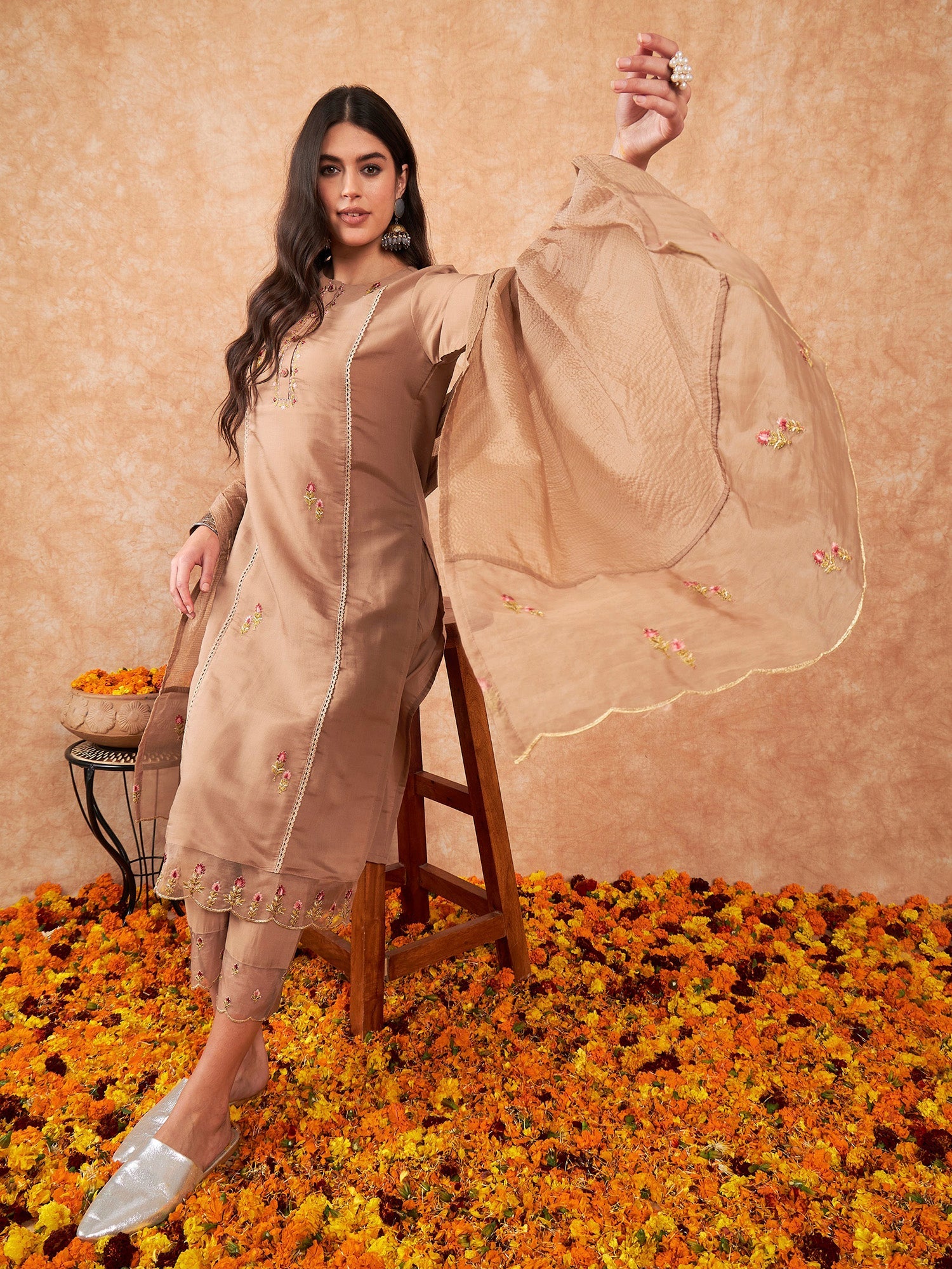 Women Mustard Embroidered Straight Kurta Trousers With Dupatta Set