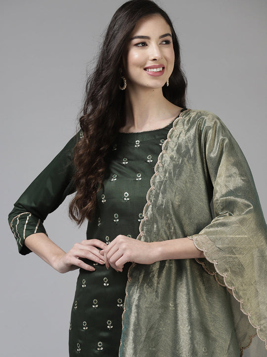 Indo Era Bottle Green Foil Floral Printed Straight Kurta Pant with Dupatta Set