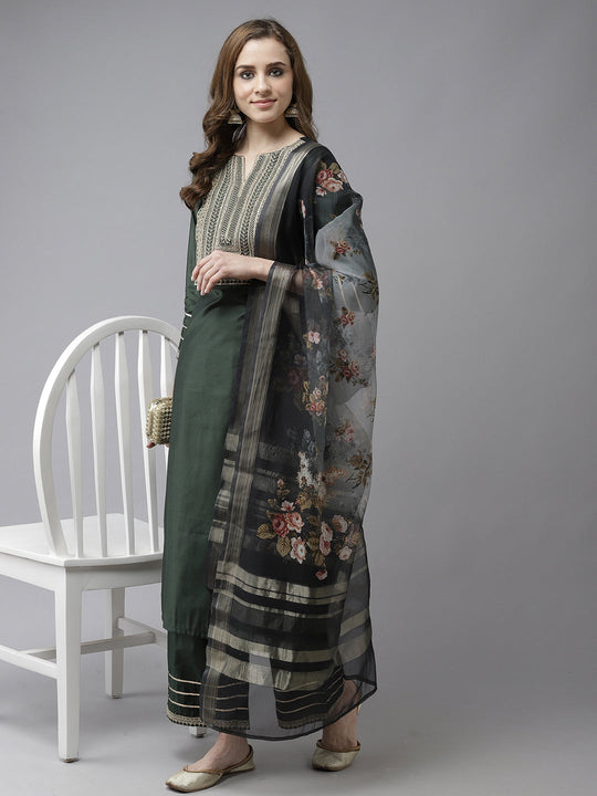 Indo Era Bottle Green Embroidered Straight Kurta Trouser With Dupatta Set