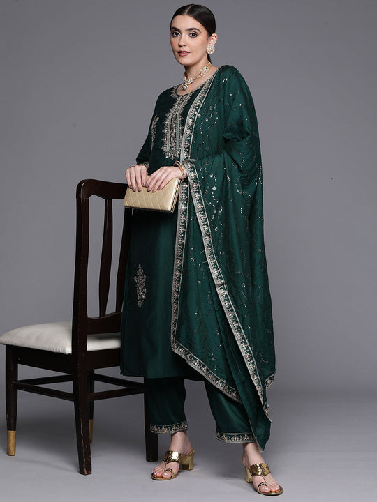Indo Era Bottle Green Embroidered Ethnic Straight Kurta Trouser With Dupatta Set