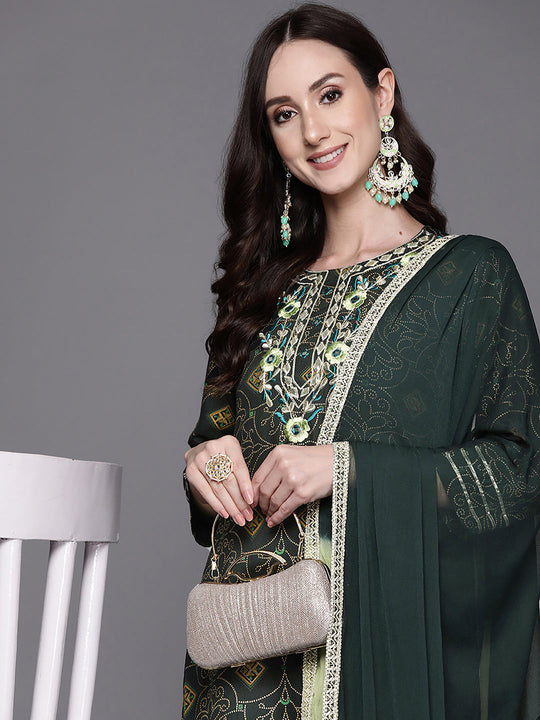 Indo Era Green Embroidered Straight Kurta Sharara With Dupatta Set