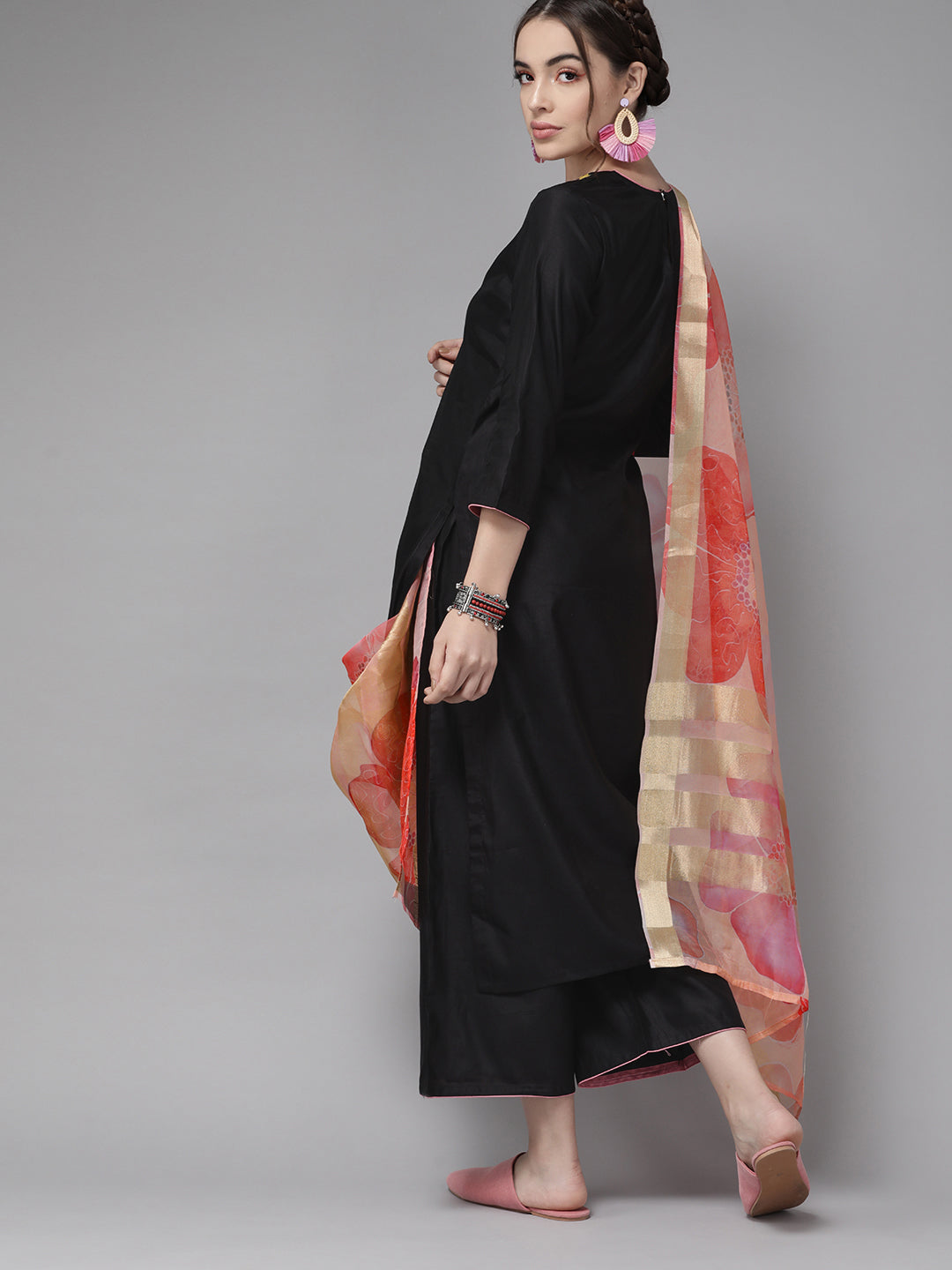 Indo Era Black Embroidered Straight Kurta Palazzos With Dupatta Set main image 1