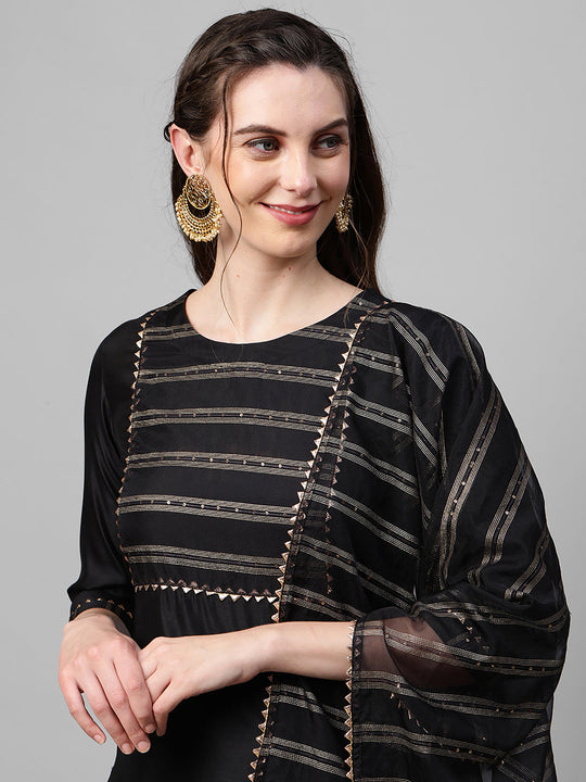 Indo Era Black Solid Straight Kurta Trouser With Dupatta Set
