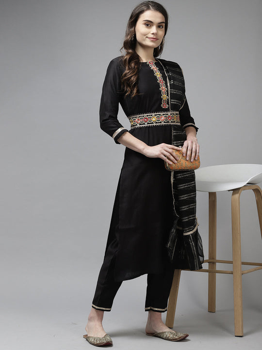 Indo Era Black Solid Straight Kurta Trouser With Dupatta and Belt Set