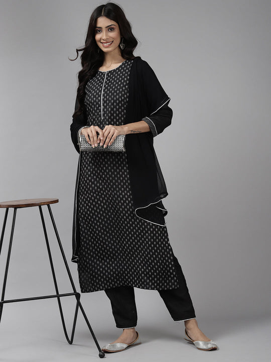 Indo Era Black Printed Straight Kurta Palazzo with Dupatta Set