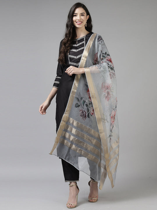 Indo Era Black Solid Straight Kurta Trouser With Dupatta Set