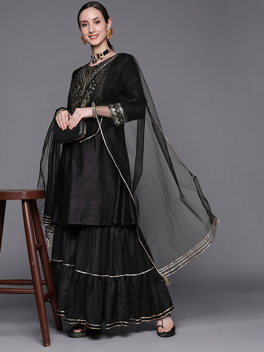 Indo Era Black Yoke Design A-line Kurta Sharara With Dupatta Set