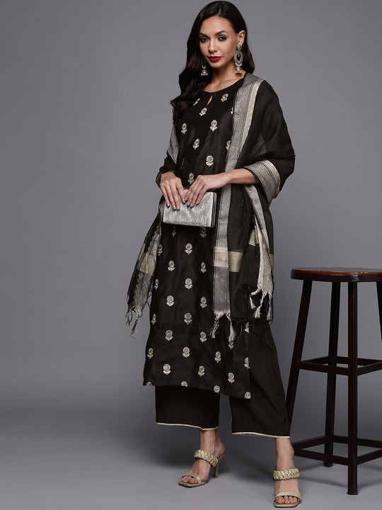 Indo Era Black Embroidered Straight Kurta Palazzos With Dupatta Set