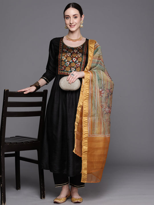 Indo Era Black Yoke Design A Line Kurta Trousers With Dupatta Set