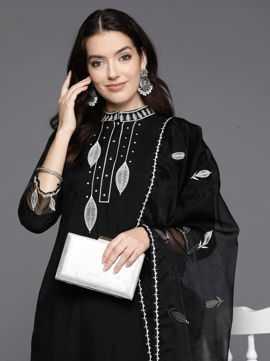 Indo Era Black Embroidered Straight Kurta Trousers With Dupatta Set