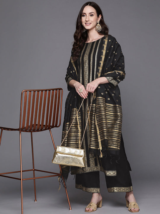 Indo Era Black Printed Straight Kurta Trousers With Dupatta Set