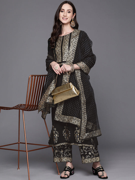 Indo Era Black Printed Straight Kurta Palazzos With Dupatta Set