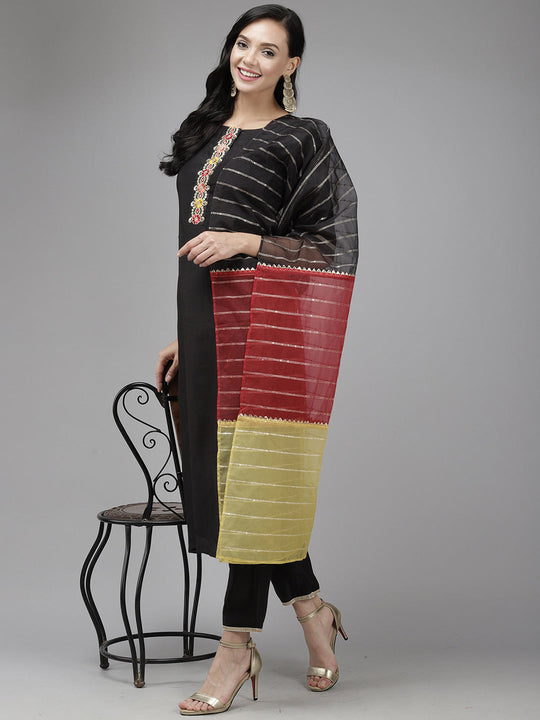 Indo Era Black Embroidered Straight Kurta Trouser With Dupatta Set