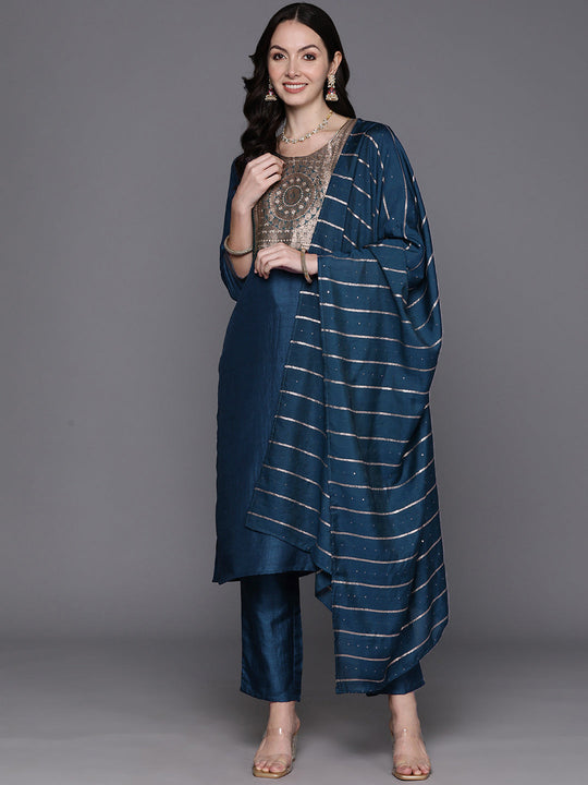 Indo Era Blue Wwoven Design Regular Kurta with Trousers & Dupatta