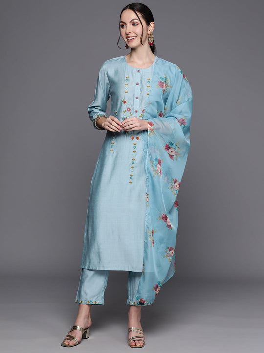 Indo Era Blue Floral Embroidered Thread Work Kurta With Trousers & Dupatta