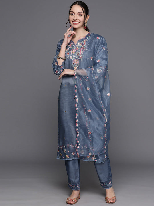 Indo Era Blue Floral Embroidered Thread Work Kurta with Trousers & With Dupatta