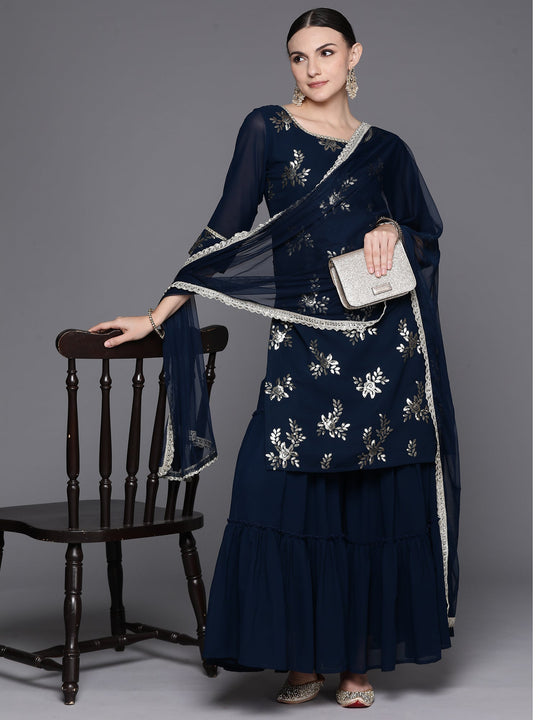 Indo Era Blue Embroidered Straight Kurta Sharara With Dupatta Set