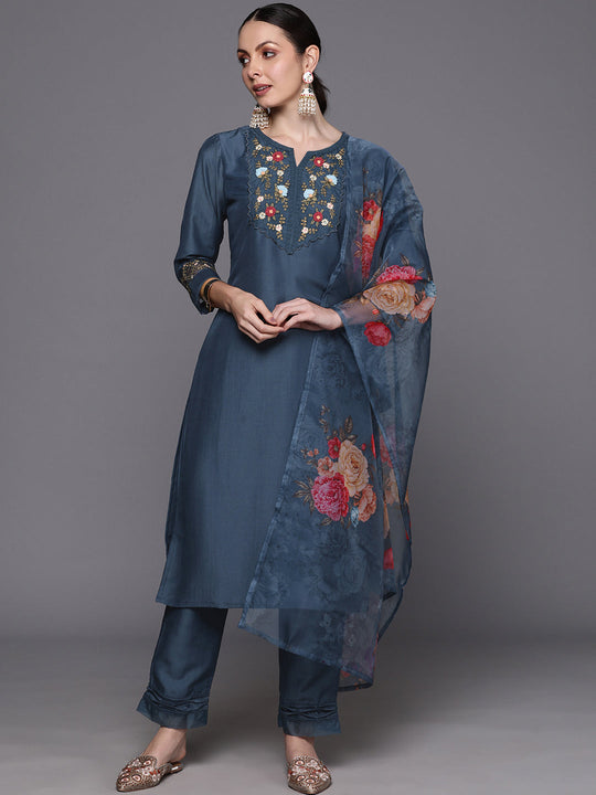Indo Era Blue Floral Embroidered Regular Thread Work Kurta with Trousers & With Dupatta