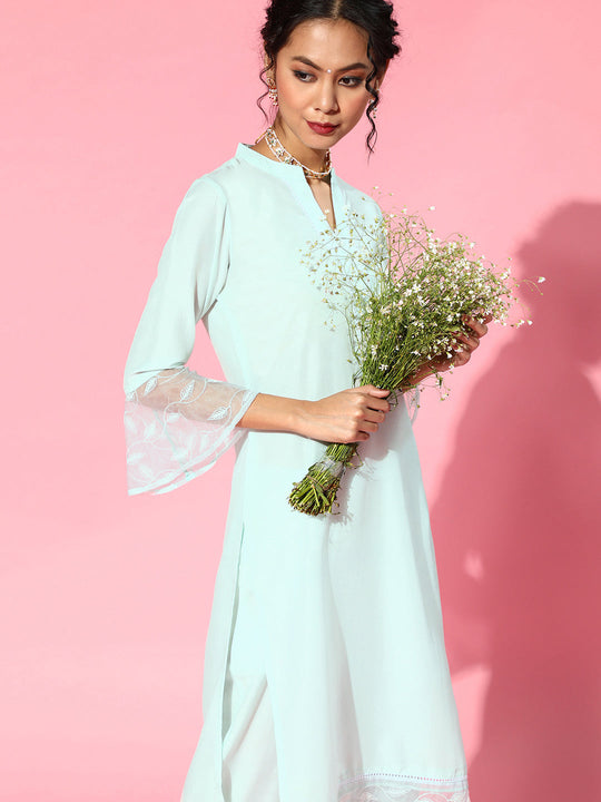 Indo Era Blue Solid Straight Kurta Trouser Set