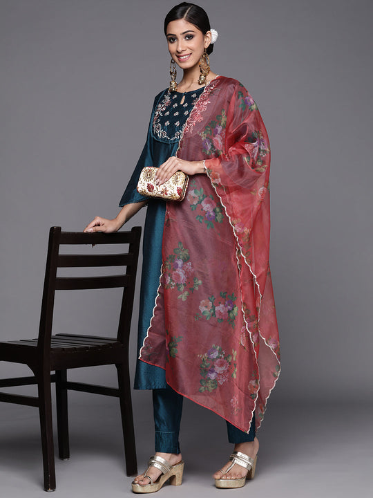Indo Era Blue Embroidered Straight Kurta Trousers With Dupatta Set