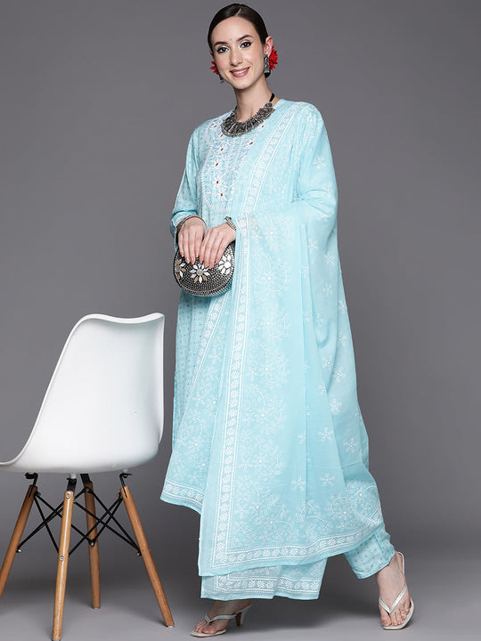 Indo Era Blue Embroidered Straight Kurta Trousers With Dupatta Set