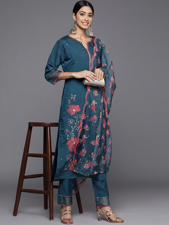 Indo Era Blue Embroidered Straight Kurta Trousers With Dupatta Set