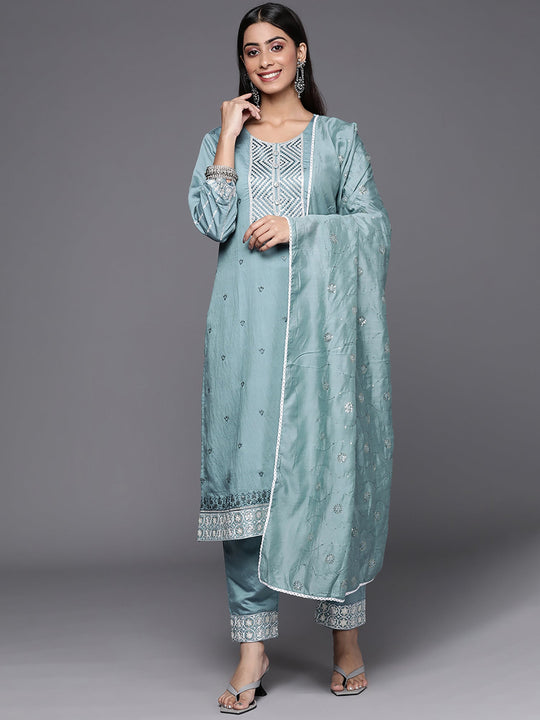 Indo Era Blue Embroidered Straight Kurta Trousers With Dupatta Set