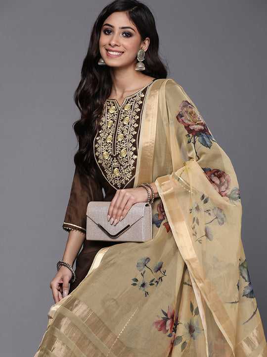 Indo Era Brown Embroidered Straight Kurta Palazzos With Dupatta Set