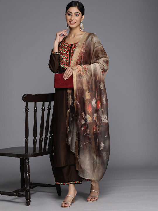 Indo Era Brown Embroidered Straight Kurta Palazzos With Dupatta Set