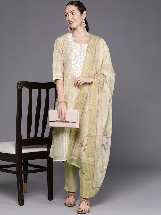 Indo Era Cream Floral Embroidered Regular Thread Work Linen Kurta with Trousers & Dupatta