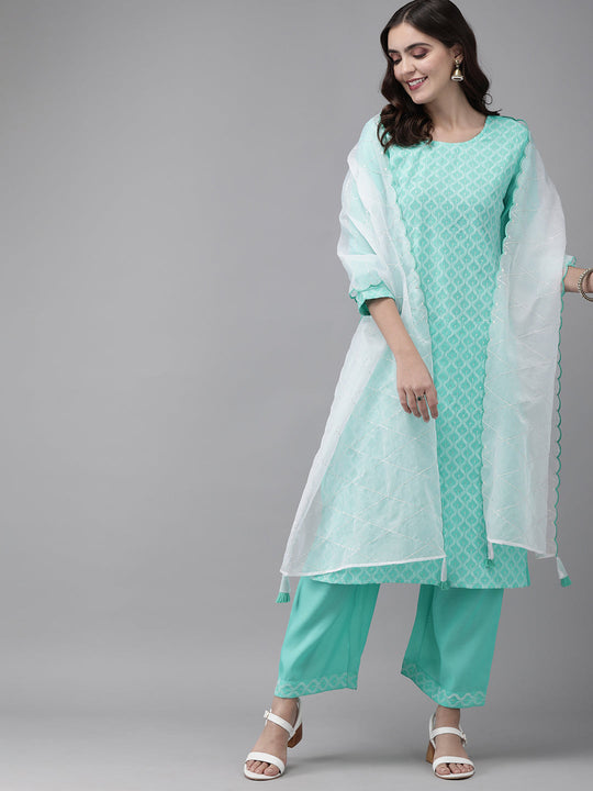 Indo Era Green Embroidered Straight Kurta Palazzo With Dupatta Set