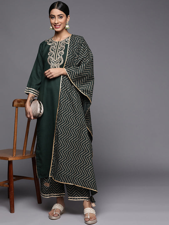 Indo Era Green Embroidered Strraight Kurta Palazzo With Dupatta Set