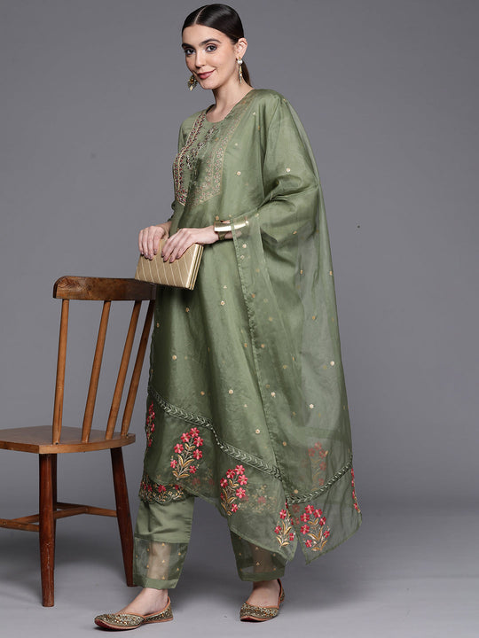 Indo Era Green Embroidered Ethnic Straight Kurta Trousers With Dupatta Set