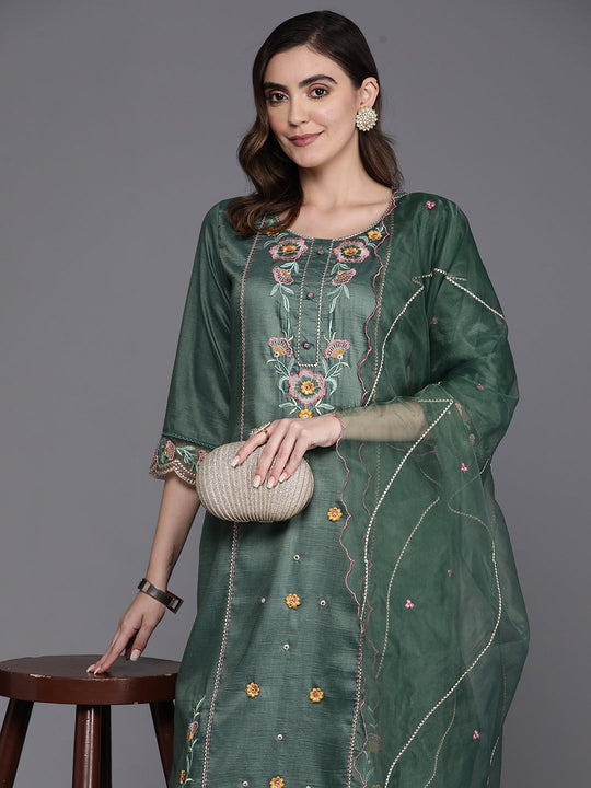 Indo Era Green Embroidered Straight Kurta Trousers With Dupatta Set