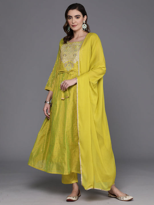 Indo Era Green Embroidered A-Line Kurta Trousers With Dupatta Set