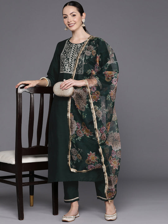 Indo Era Green Floral Embroidered Regular Sequinned Chanderi Silk Kurta with Trousers & Dupatta