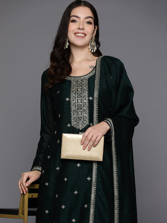 Indo Era Green Embroidered Straight Kurta Trousers With Dupatta Set