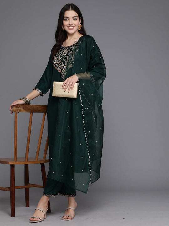 Indo Era Green Embroidered Straight Kurta Trousers With Dupatta set