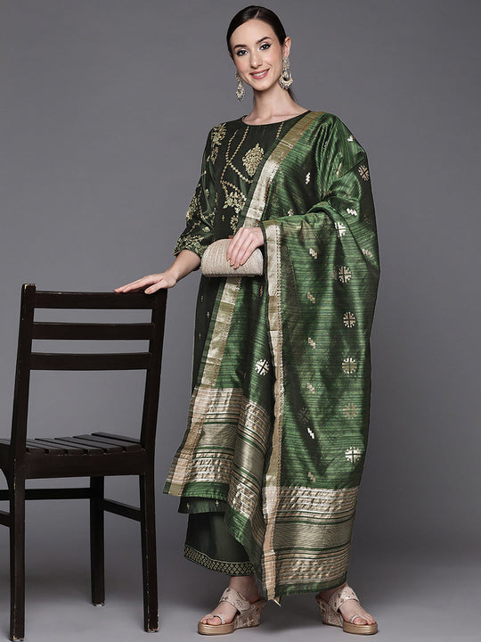 Indo Era Green Printed Straight Kurta Palazzos With Dupatta Set